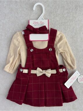 Little Lass Baby Girls 3PC Plaid Jumper Dress Set Bow Headband 0–3 Months NWT